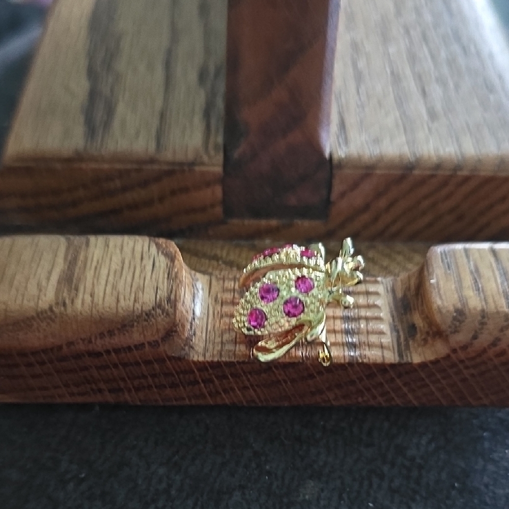 Gold Tone Pink Crystal Ladybug Brooch - Picture 3 of 4